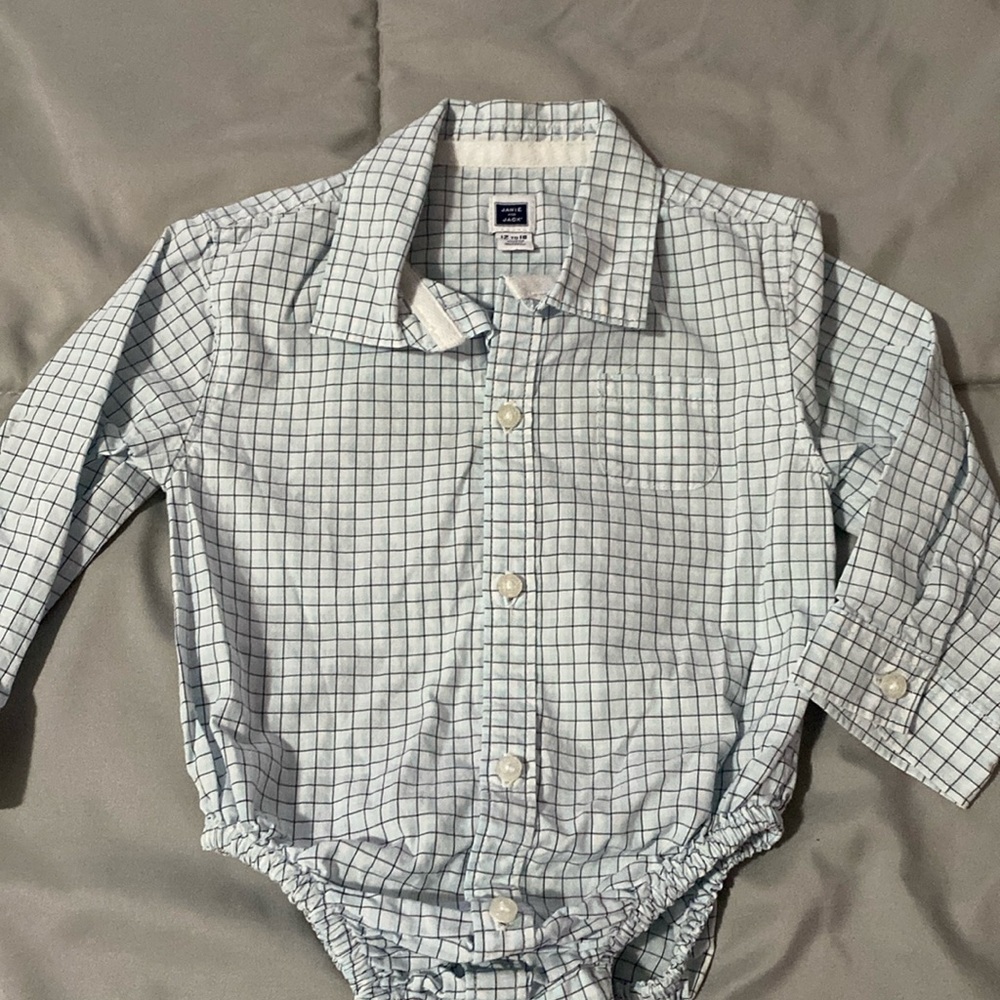 Janie and Jack Light Blue and Navy Grid Button-Down Onesie